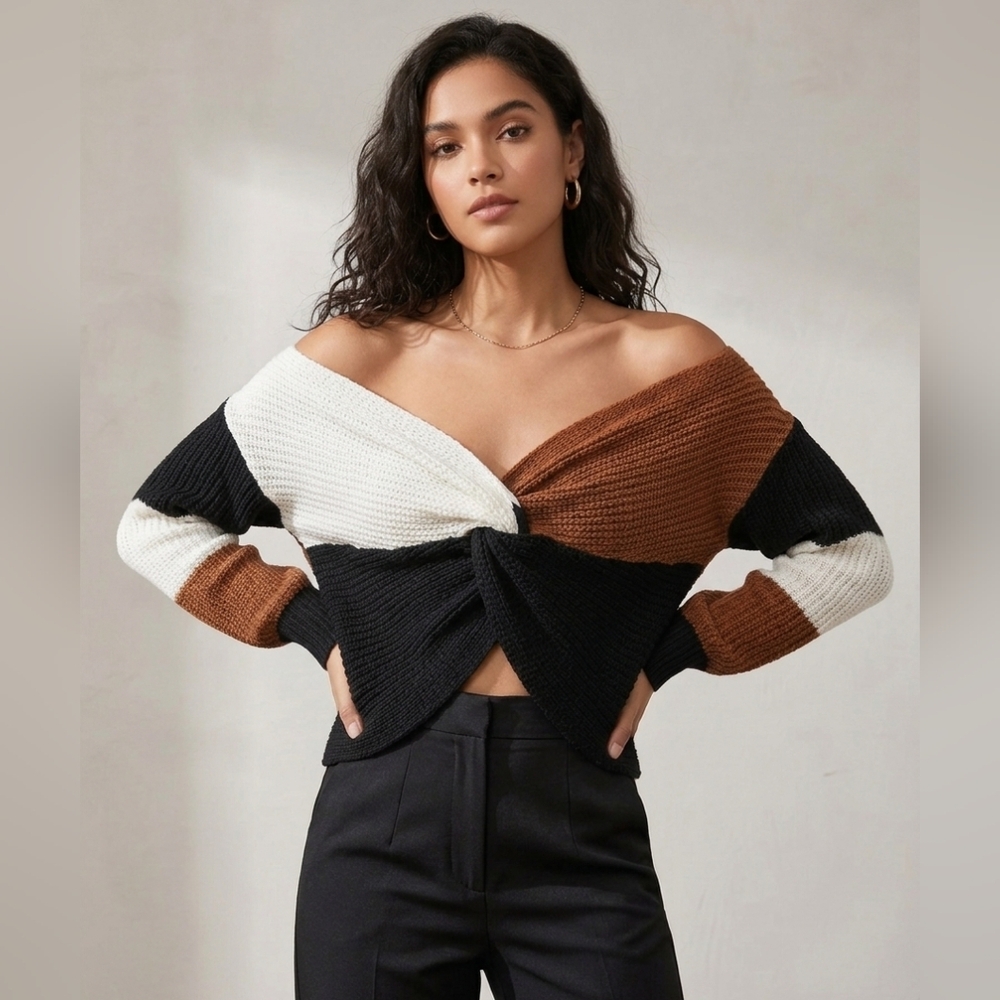 Almost Famous Black White Brown Colorblock Twist-Knot Off-Shoulder Sweater